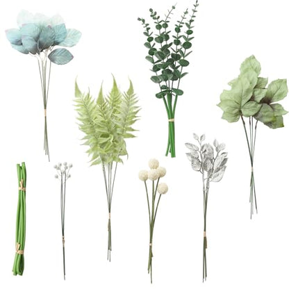 Floroom Artificial Greenery Stems Box Set, 36pcs with 7 Kinds of Faux Greenery Flowers Picks for DIY Bridal Bouquets Wedding Floral Arrangement Table Centerpieces, Dusty Blue & Silver - color: Dusty Blue & Silver