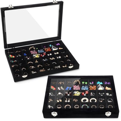 Nosiny 2 Pcs Velvet Jewelry Tray 48 Grid Jewelry Display Tray Organizer Box with Transparent Lid Rings Earrings Necklaces Pendants Display Box for Women Cases Dressing Tables Drawers