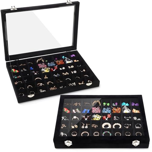Nosiny 2 Pcs Velvet Jewelry Tray 48 Grid Jewelry Display Tray Organizer Box with Transparent Lid Rings Earrings Necklaces Pendants Display Box for Women Cases Dressing Tables Drawers