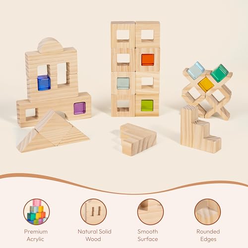 Woodtoe Wooden Rainbow Building Blocks Set for Toddlers, 22 PCS Wooden Blocks & 25 PCS Gem Cubes Stacking Blocks, Montessori Stacking Toys, Educational STEM Birthday Toys Gifts for Kid Boy Girl 3-6 - style: Rainbow Building Blocks Set