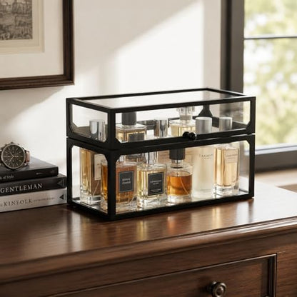 Cologne Organizer for Men, Glass Perfume Organizer Box with Flip Top Lid, Dustproof Perfume Storage Case, Clear Cologne Holder for Vanity, Bathroom Countertop, Watch, Jewelry, Fragrance Display, Black