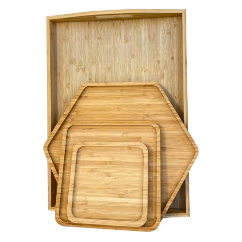 Bamboo Serving Trays Cutting Boards 16.5"x11.8"（42x30cm with Handle, Set Includes 0.63"(1.6cm) Thick Plates 1xHexagon 12.5"(32cm)+1xSquare 7.8"(20cm)+1xSquare 5.9"(15cm) for Family Dinner - color: 0.63"(1.6cm) Thick 1xhexagon 12.5"(32cm)+1xsquare 7.8"(20c