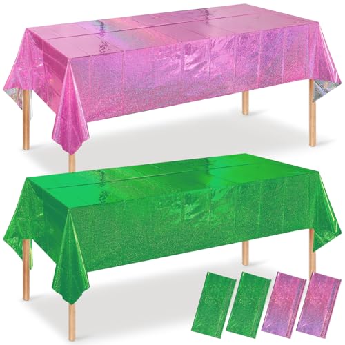 4 Pcs Iridescent Pink and Green Tablecloth Party Decorations, Holographic Foil Plastic Table Cloths for Rectangle Tables, Disposable Green and Pink Table Cover for Witch Theme Birthday Party Supplies - color: Green&pink