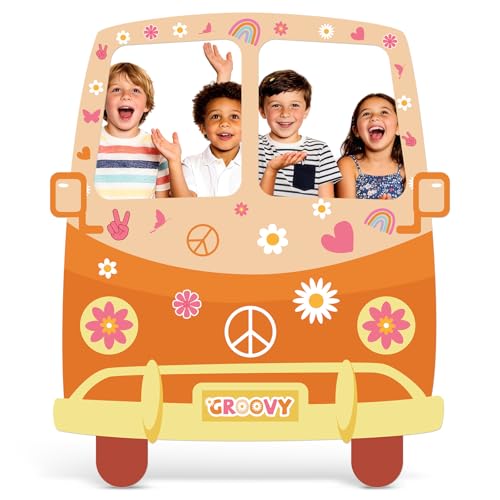 Hippie Bus Cardboard Cutout, Large 39.76 x 47.24 in Groovy Party Decoration, Retro 60s 70s Hippie Selfie Frame Photo Booth Prop, Daisy Van Life-Size Backdrop for Groovy Hippie Boho Party Favor