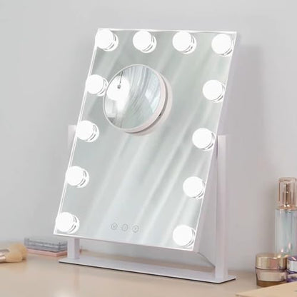 HIEEY Hollywood Makeup Mirror with 12 Dimmable Bulbs Lights, Three Color Lighting Modes, with 4in 20X Magnification Mirror, Smart Touch Control, 360°Rotation (White,Gift Box) - style: 17.3"L x 13.1"W (with 20X Mirror)