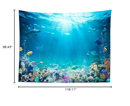 BELECO Underwater World Backdrop 10x8ft Fabric Undersea Backdrop for Photography Under The Sea Tropical Fish Dolphin Turtle Coral Deep Sea Sunlight Seabed Background Undersea Party Photo Studio Prop - size: 10x8FT