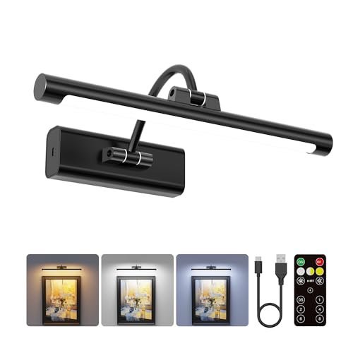 Rechargeable Light for Picture, 13'' 6000mAh Battery Operated Cordless Wall Sconce, Dimmable 3 Color Temps 350LM with Remote Control, for Wall Painting Artwork Gallery Museum Decor - Black - color: Black, size: 13 Inch