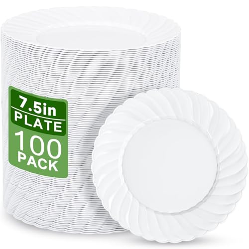 U-QE 100 Count White Plastic Plates for Party - 7 Inch Scalloped Dessert Plates Disposable Heavy Duty - Premium Hard Plastic Appetizer/Cake Plates for Party, Wedding, BBQ, Picnic and Graduation - color: 7Inch-100pcs-White