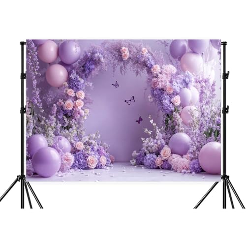 7x5ft Purple Floral Butterfly Backdrop Lavender Flower Butterfly Balloon Photography Background for Girls Birthday Party Princess Weeding Bridal Baby Shower Backdrop Photo Studio Props - color: Purple Pink-04, size: 7X5FT