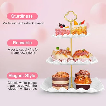 5 Pcs Dessert Table Display Set - 2 Pcs 3-Tier Dessert Display Stands & 3 Pcs Serving Tray - Dessert Trays Dessert Stands Treat Table Displays Set for Tea Parties,Birthdays & Baby Showers - color: White