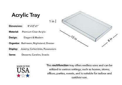 Clear Acrylic Organizer Tray, 8 x 12 Low-Profile Display & Vanity Tray – BPA-Free, Bathroom, Desk, Decor & Serving (Dry Use Only) - Made in USA - size: 8" x 12" x 1"
