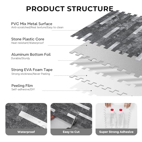 STICKGOO Peel and Stick Backsplash,PVC Wall Tiles Stick on Backsplash for Kitchen(10 Sheets, Black Slate with Metal Silver),(12 inch x 11.7 inch) - color: Black Slate with Metal Silver