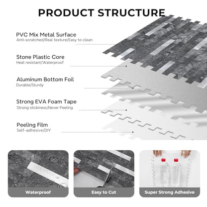 STICKGOO Peel and Stick Backsplash,PVC Wall Tiles Stick on Backsplash for Kitchen(10 Sheets, Black Slate with Metal Silver),(12 inch x 11.7 inch) - color: Black Slate with Metal Silver
