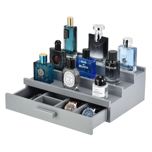 Perfume Organizer for Men, 3 Tier Wood Perfume Display Stand with Velvet Lining Drawer and Hidden Compartment for Watch,Jewelry,Perfume Display Risers,A Gift for Men (Gray) - style: 3 Tier - Grey
