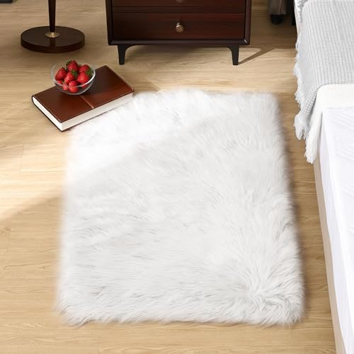 Goolela White Fluffy Faux Fur Rug for Bedroom Faux Sheepskin Rug 2x3 White Fuzzy Furry Bedside Carpet Dining Room Playroom Dorm Small Washable Rectangle - color: White, size: 2' x 3' (Rectangular)