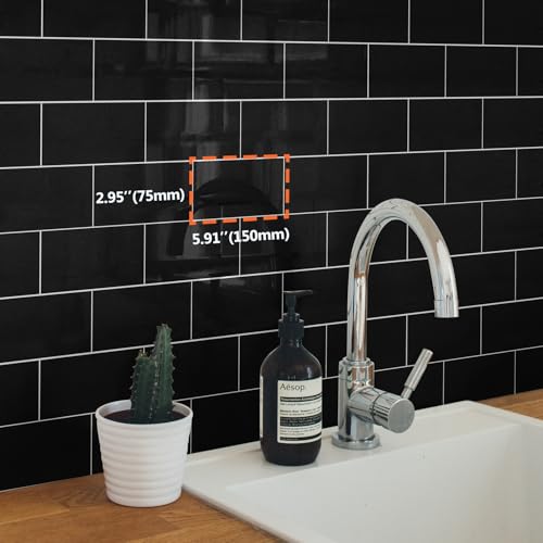 10- Sheet Polished Black Peel and Stick Backsplash, 12’’Luxury Ceramic Look Self Stick Subway Tiles, Waterproof Peel and Stick Wall Tiles for Kitchen and Bathrrom - color: Black