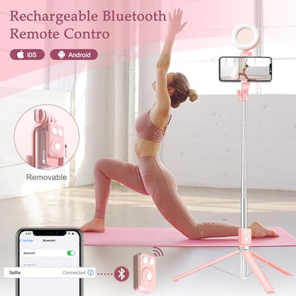 Selfie Stick Tripod with Fill Light, Phone Selfie Stick,Durable Stainless Steel Design,Bluetooth Remote Control,and Stable Three-Legged Support for Live Broadcasts,Video Shooting (Pink) - color: Pink