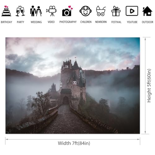 7x5ft Medieval Mysterious Castle Backdrop Gothic Misty Forest Magical Castle Photography Background Halloween Party Decorations Banner Adults Kids Portrait Photo Shoot Studio Props - color: Color C, size: 7x5ft