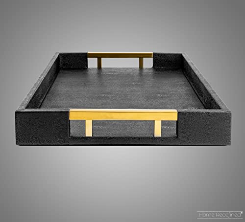 Modern Elegant 17.5"x12" Rectangle Black Glossy Shagreen Faux Leather Decorative Tray Ottoman Coffee Table Perfume Living Room Kitchen Serving Tray with Gold Polished Metal Handles by Home Redefined - color: Black/Gold