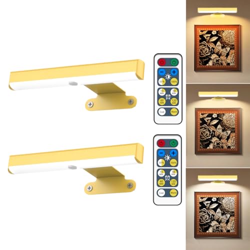 2Pack Wireless Picture Light with Remote,Battery Operated Wall Sconces for Wall Decor,3 Color Timer&Dimmable Paintings Light LED Art Display Lamp Picture Frame Light for Artwork Posters Gallery-Gold - size: 2Pack Gold