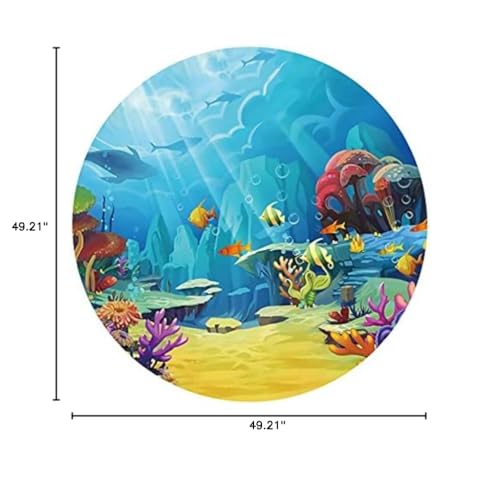 Laeacco 4x4ft Under The Sea Round Backdrop Cartoon Underwater Animals Circle Backdrop Cover Ocean Theme Happy Birthday Photo Background for Baby Shower Children Birthday Party Portrait Booth Props - size: 4x4ft-Diameter