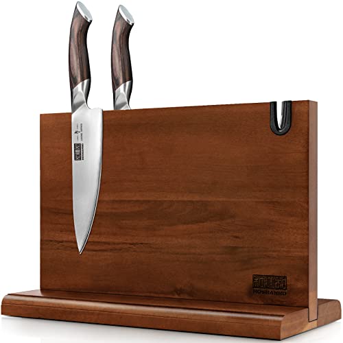 HOSHANHO Magnetic Knife Block 14 x 10 Inches, Double Sided Magnetic Knife Holder Rack for Kitchen Counter, Acacia Wood Magnetic Knife Storage Stand with Knife Sharpener - size: 14*10*4.5 inch