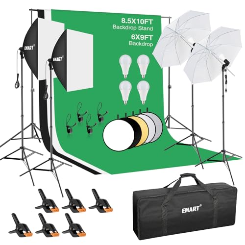 EMART 8.5 x 10 ft Backdrop Support System, Professional Photography Lighting Kit with 5500K 50W LED, 6 * 9ft Backdrop *3, Reflector,Umbrellas&Softbox Lighting Kit for Studio, Portrait, Video Shooting - color: 6x9ft Backdrop*3(black, white, green), size: 8