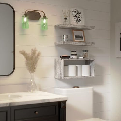 RICHER HOUSE Floating Shelves Set of 3, Farmhouse Bathroom Wall Mounted Shelves with Invisible Brackets Over Toilet, Wall Shelves for Bathroom Bedroom, Living Room, Kitchen - Rustic White - color: Rustic White, size: 2+1