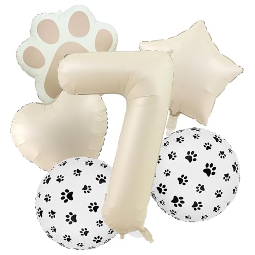 7th Birthday Dog Paw Balloons Set,18'' Paw Prints, Heart,Star,Paw Shaped Foil Balloon 40 Inch Cream Number 7 Helium balloons for Puppy Themed Third Anniversary Birthday Party Decorations Supplies 6PCS - color: Cream-7
