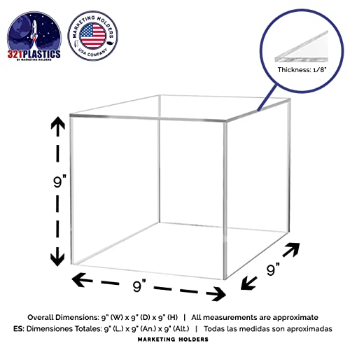 9 Inch Acrylic Display Riser Box with One Open Side No Lid Versatile Clear Square Lucite Retail Product Platform and Merchandise Storage Bin No Assembly by Marketing Holders