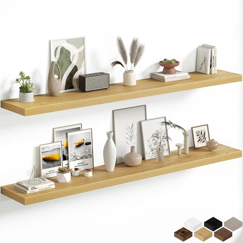 Fun Memories 72 Inch Floating Shelves, 12 Inch Deep Wall Shelf for Fireplace Mantel, Oak Deep Storage Shelves for Home & Office, Long Floating Shelf with Invisible Bracket, Set of 2 - color: Oak, size: 72 Inch, Set of 2