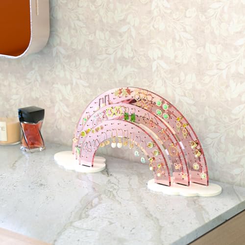 NiHome Rainbow Shaped Gradient Acrylic Earring Organizer with 140 Holes, Jewelry Display Stand with White Cloud Base for 70 Pairs of Earrings for Home,Travel, Vanity Use (Rose Gold Mirror Finish) - color: Rose Gold Mirror Finish