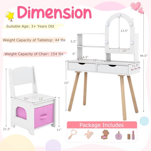 Costzon Kids Vanity with Lights, Girls Vanity Set with Mirror Cabinet, Storage Drawers, Hooks & Shelves, Toddler Makeup Vanity Desk Dressing Table, Wooden Kids Vanity Table and Chair Set (White) - style: White with Mirror Cabinet