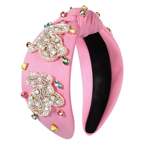 NVENF Easter Headband for Women Beaded Easter Rabbit Bunny Headbands White Pink Crystal Pearl Knotted Hairband Happy Spring Holiday Headwear Outfits Gifts (Rabbit B - Pink) - color: Rabbit B - Pink
