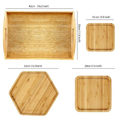 Bamboo Serving Trays Charcuterie Platter 16.5"x11.8"（42x30cm with Handle, Set Includes 1xHexagon 12.5"(32cm)+1xSquare 7.8"(20cm)+1xSquare 5.9"(15cm) Small Plates for Family Dinner - color: 1hexagon+2square
