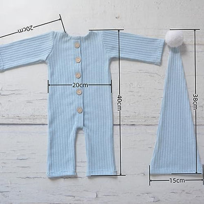 Newborn Baby Photo Shoot Props Girl Boy Crochet Knit Hat Costume Stripe Hat Pants Overalls Photography Props - color: Baby Blue