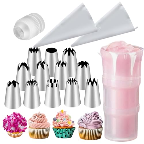 16 PCS Large Piping Tips Set, Stainless Steel frosting tips with Reusable cotton piping bag and auxiliary cup, Cake Decorating Tips Set for Cake Decorating, Cupcakes, Cookies, DlY pastries - size: Large Size（16 Pcs）