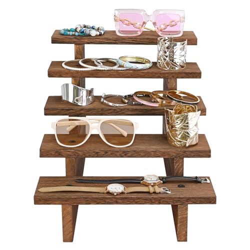 Ikee Design 5-Tier Wooden Display Riser Stand for Plants, Cupcakes, Stepped Tiered Wood Display Stand for Collectibles, Sunglasses, Jewelry, for Weddings, Vendor Markets, Retail