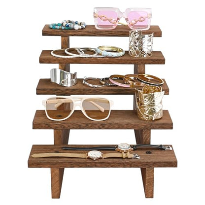 Ikee Design 5-Tier Wooden Display Riser Stand for Plants, Cupcakes, Stepped Tiered Wood Display Stand for Collectibles, Sunglasses, Jewelry, for Weddings, Vendor Markets, Retail