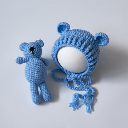 Zeroest Newborn Baby Boy Girl Photography Props Bear Hat Outfits Crochet Kint Handmade Cap Set for Newborn Photo Shoot - color: Blue