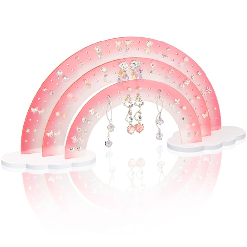 NiHome 3-Tier Gradient Color Acrylic Rainbow Earring Organizer, 14" W x 6.3" H Lightweight and Durable Design 140 Holes for 70 Pairs, Unique Front Row for Special Earrings (Pink Gradient) - color: Pink Gradient