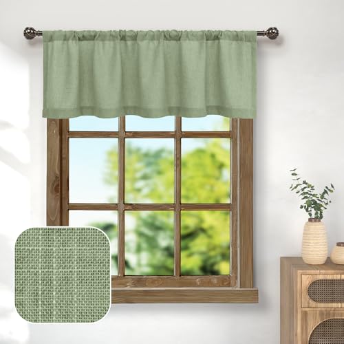 Pitalk Sage Green Linen Window Valance for Kitchen 3 Inch Rod Pocket Semi Sheer Boho Rustic Farmhouse Filtering Light Sage Valance Curtain Topper for Bedroom Living Room Dining Bathroom 18 Inch Length - color: Light Sage