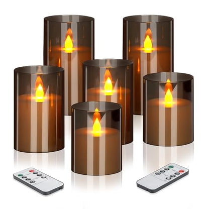 Flameless Candles 4" 5" 6" Acrylic Glass Pillars 3" Diameter Battery Operated Flickering Candles Include Remote with 24Hour Timer Function 400+ Hours by 2 AA Batteries (Gray, Warm Light 6 Pack) - color: Gray, size: Warm Light 6 Pack