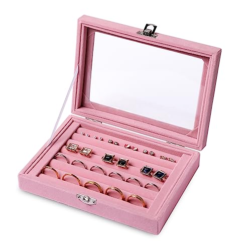 Frebeauty Rings/Earring Organizer Tray with Clear Lid,7 Slots Ring Box Velvet Ring Holder Drawer Insert Jewelry Storage Box Jewelry Display Case Jewelry Box Gift for Women and Girls(Pink,7 Slots) - color: Pink, size: 7 Slots