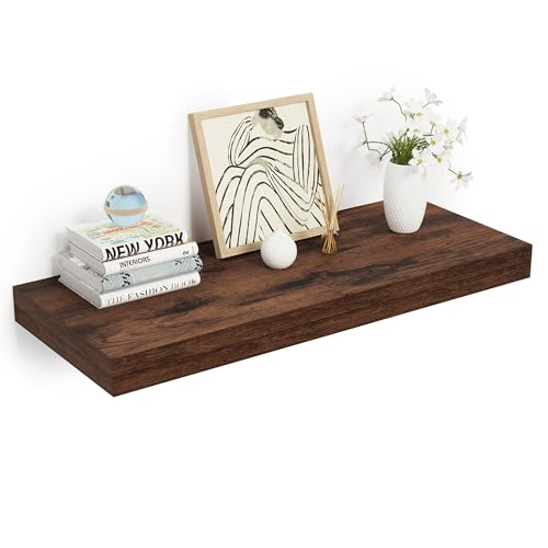 Heimlove 24 x 12 Inch Deep Floating Shelves Wall Mounted with Invisible Brackets,Storage Hanging Shelf for Wall Decor in Bathroom, Bedroom, Kitchen, Living Room, Office Set of 1 (Rustic Brown) - color: Rustic Brown, size: 24"W x 12"D x 2"H, Set of 1