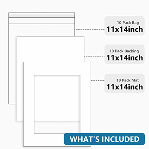 Somime 10 Pack White Photo Mats 11x14 for 8x10 with Core Bevel Cut Matte Sets, Acid Free Mat Board for Picture Frame, Photos, 11x14 Mat - Includes Pre-Cut Mats, Backing Boards and Clear Seal Bags - size: 11x14 10pack White Complete Set for 8x10