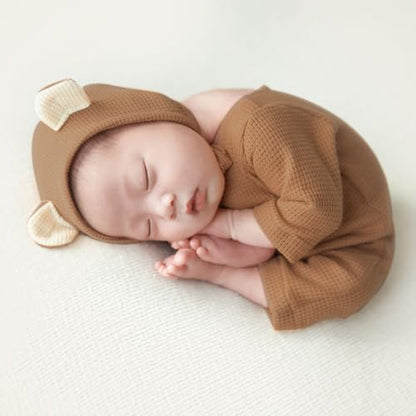 Newborn Baby Photo Shoot Props Girl Boy Crochet Knit Hat Costume Stripe Hat Pants Overalls Photography Props - color: Camel