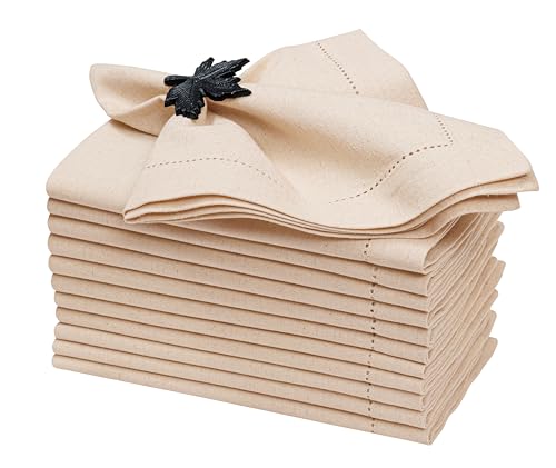 ALPHA Living HOME Linen Cloth Napkins Set of 12-18x18 Natural Flax Cotton Fabric, Hemstitched Mitered Corners, Reusable & Machine Washable Dinner Napkins for Wedding, Cocktail & Party Table - color: Natural, size: 18" x 18" (Set of 12)