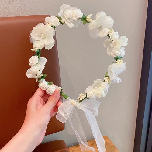 Adjustable Flower Crown Headband for Women - Floral Garland Hair Wreath with Crystal Accents Perfect for Weddings Flower Wands Photo Props (White Flower Green, Adjustable) - color: White Flower Green