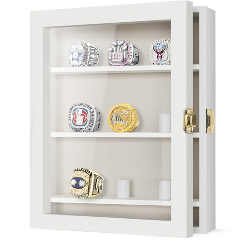 TJ.MOREE Championship Ring Display Case, 9 Ring Posts Baseball Ring Display Case, 8 x 10 Wall Mount Wooden Glass Shadow Box with Locks to Show Sport, Class, Fraternity, and Award Rings - White - color: 9 Posts-white-rectangle